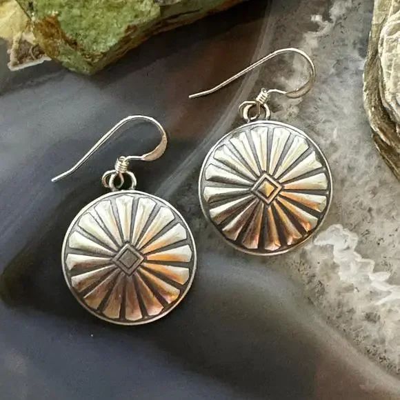 Native American Sterling Sunburst Round Concho Stamped Dangle Earrings For Women - Picture 2 of 10
